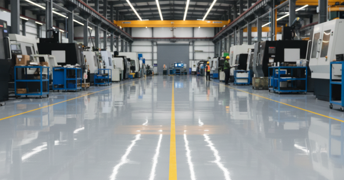 Lantai pabrik manufaktur tampak halus, mengkilap, dan kuat setelah aplikasi hardener epoxy berkualitas