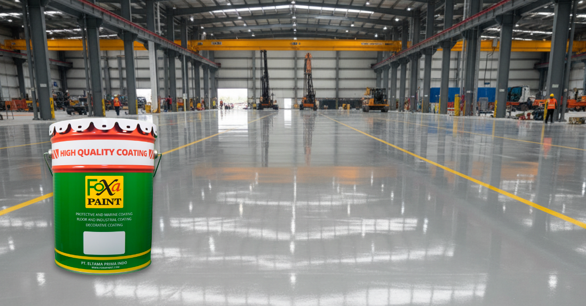 Hasil lantai proyek kontraktor tampak rapi, rata, dan mengkilap setelah diaplikasikan hardener epoxy berkualitas