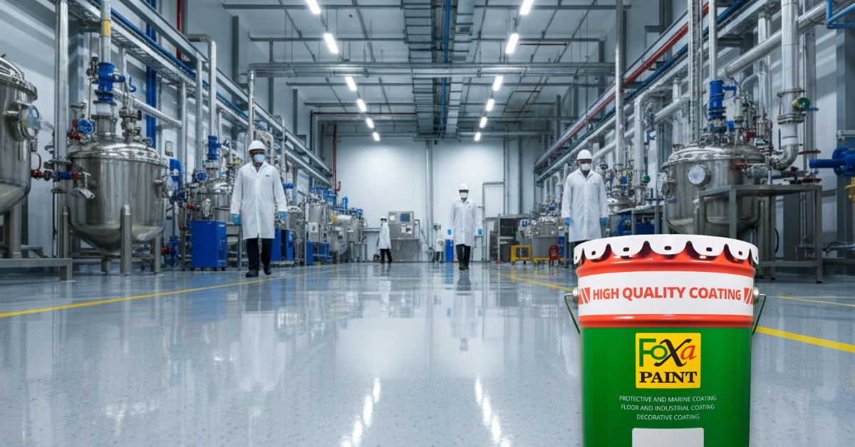 Lantai pabrik kimia tampak mengkilap, kuat, dan terlindungi setelah dilapisi epoxy dengan hardener tahan bahan kimia