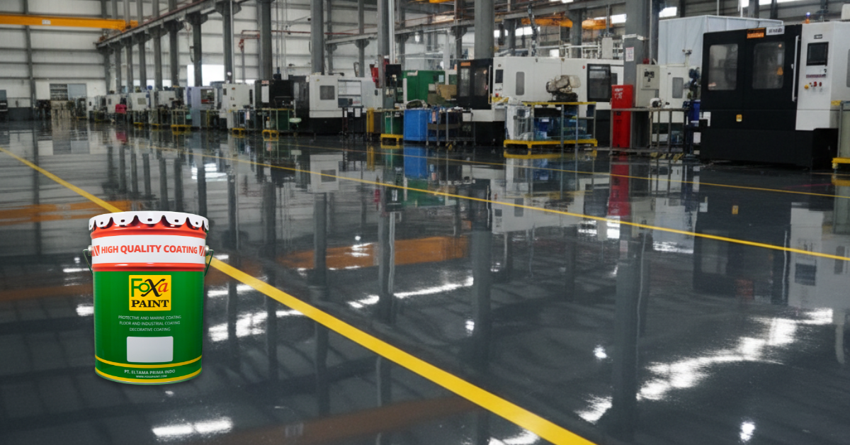 Foto diambil dari ketinggian sedang, sedikit miring, dengan fokus pada pantulan di lantai. Lantai yang mengkilap memantulkan struktur langit-langit dan beberapa mesin. Garis-garis penanda keamanan (kuning atau putih) terlihat sangat jelas dan rapi, menambah kesan terorganisir pada pabrik.