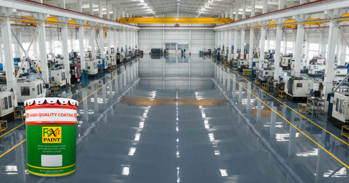 Bayangkan sebuah foto dari sudut pandang yang lebih tinggi, menyoroti area lantai pabrik yang luas di Jakarta. Lantainya terlihat sangat mengkilap, rapi, dan kokoh. Cahaya lampu di langit-langit terpantul sempurna, menunjukkan keteraturan dan efisiensi pabrik.