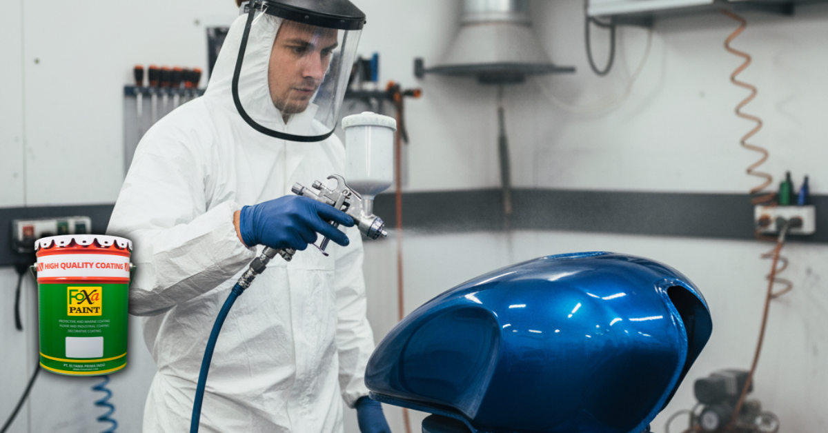 Mekanik sedang mengecat body motor berwarna biru dengan peralatan profesional