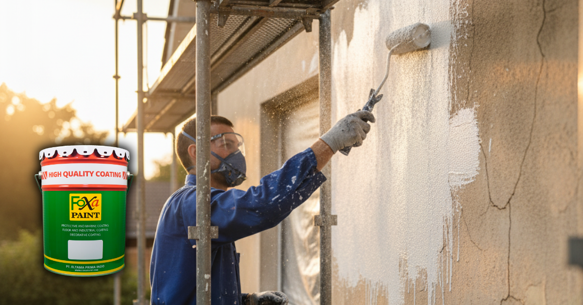 Pekerja mengaplikasikan cat tembok anti bocor pada dinding eksterior rumah dengan foxapaint