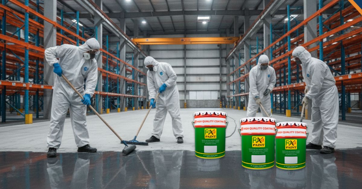 Proses aplikasi epoxy lantai di Bekasi menggunakan resin dan hardener epoxy dari distributor resmi.