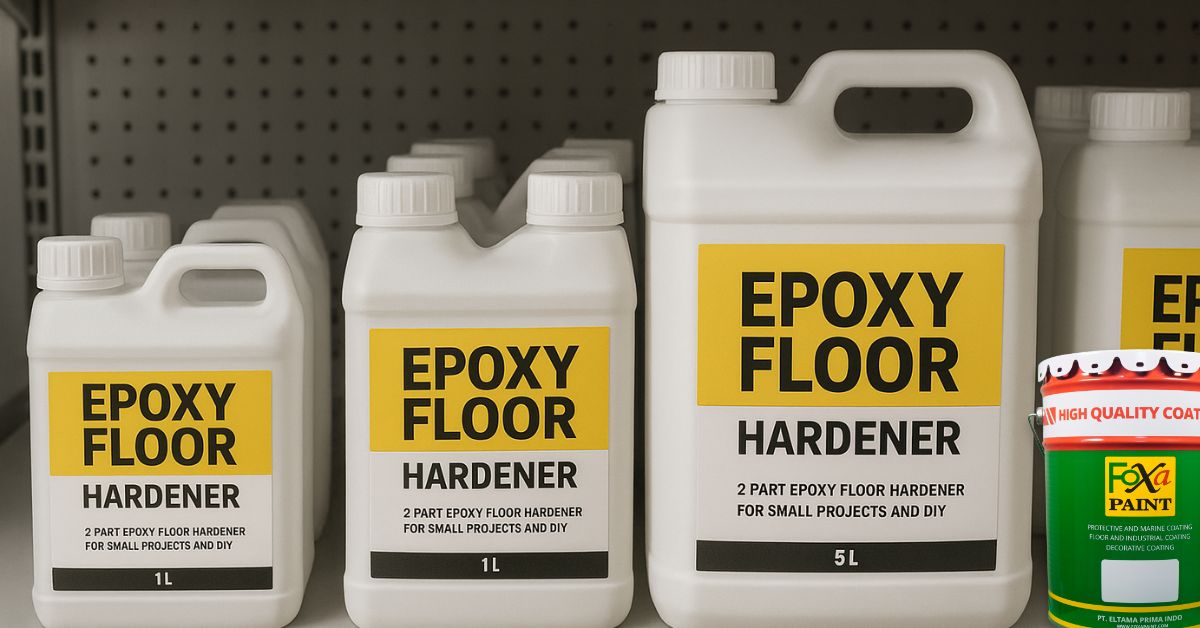 Produk hardener epoxy lantai kemasan kecil dan paket siap pakai dipajang di rak toko retail bangunan, siap dijual untuk proyek kecil dan DIY