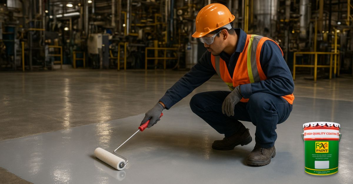 Teknisi mengaplikasikan hardener epoxy lantai tahan panas di area pabrik dengan suhu tinggi