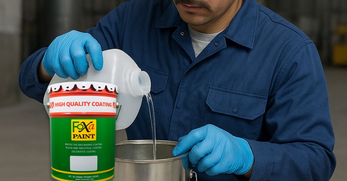 Teknisi mencampur resin dan hardener epoxy lantai tahan kimia untuk aplikasi di pabrik.