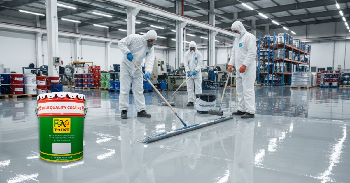 Pengecatan epoxy lantai pabrik oleh supplier cat industri Jakarta Barat