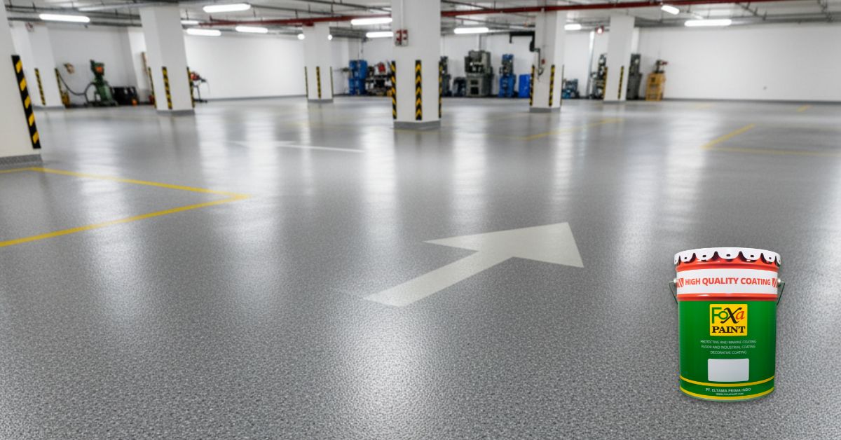 Cat epoxy lantai tahan abrasi dan anti-slip untuk area basement, parkiran, dan pabrik.