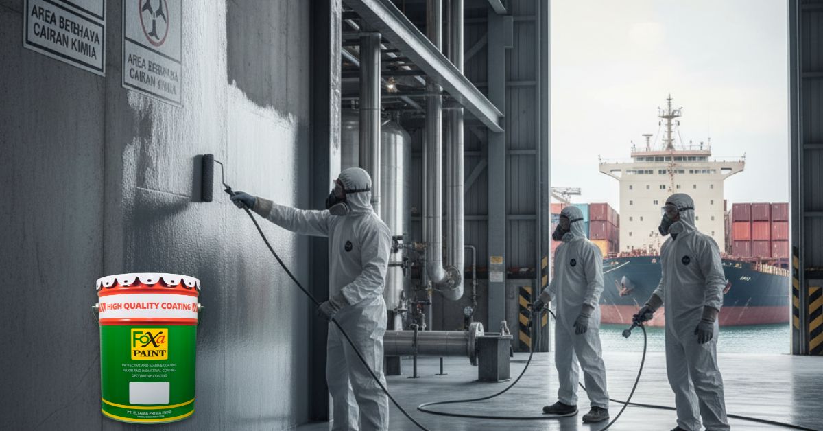 Jasa pengecatan industri dengan cat tahan kimia dan tahan abrasi untuk area pabrik dan pelabuhan.