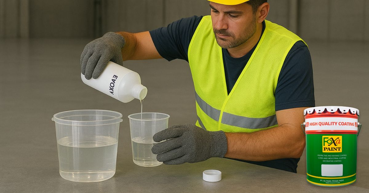 Supplier hardener epoxy lantai transparan sedang menyiapkan campuran resin epoxy clear bening untuk aplikasi lapisan pelindung lantai dekoratif.