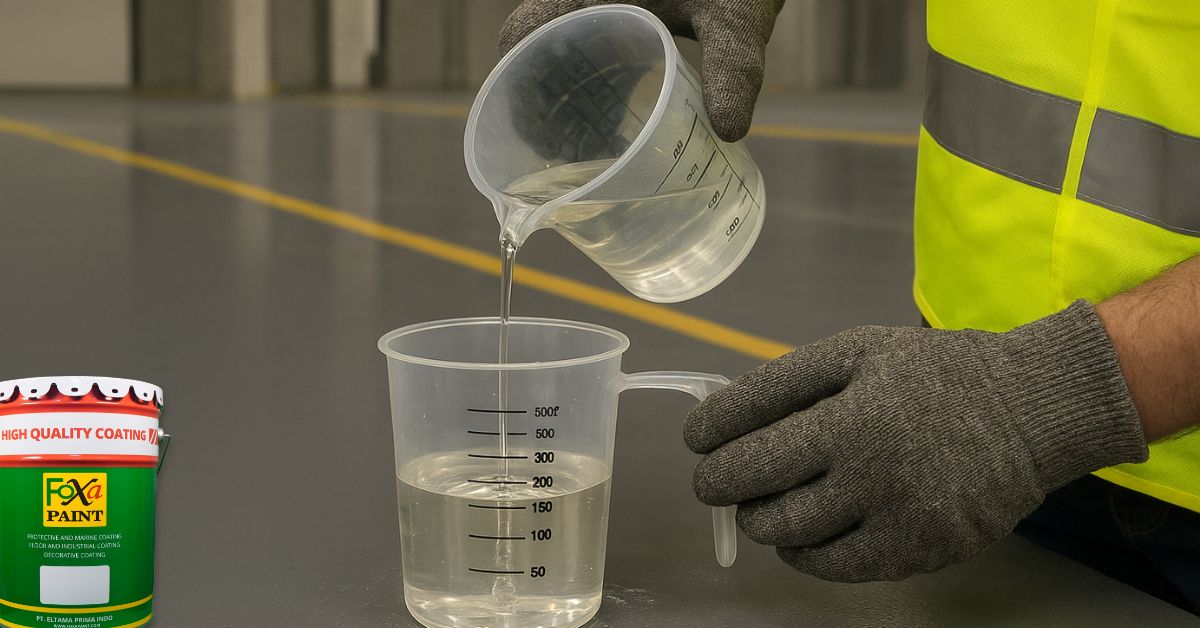 Proses pencampuran resin epoxy dan hardener menggunakan wadah takar di area proyek lantai industri untuk menghasilkan lapisan epoxy yang kuat dan tahan lama