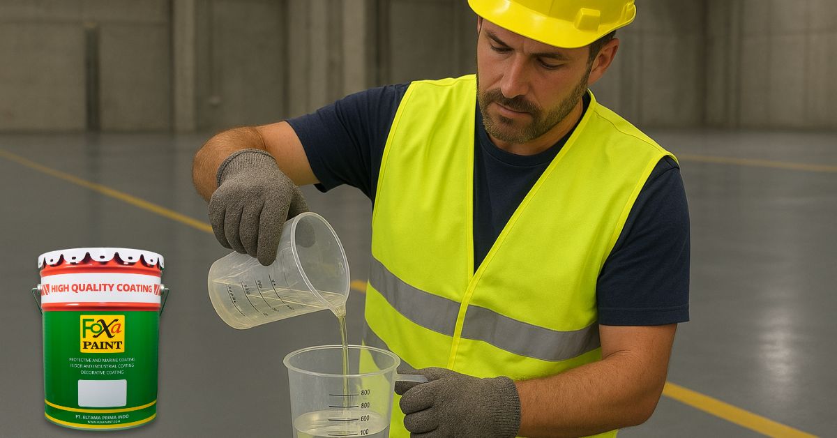 Tukang aplikator sedang mencampur resin epoxy dan hardener menggunakan alat takar di area proyek lantai industri untuk menghasilkan lapisan epoxy standar yang kuat