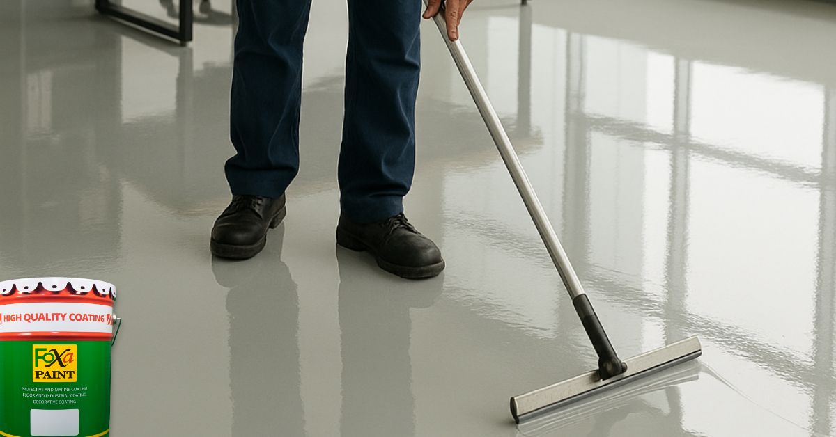 Aplikator profesional sedang mengaplikasikan cat epoxy lantai kantor dengan hasil mengkilap dan rapi.