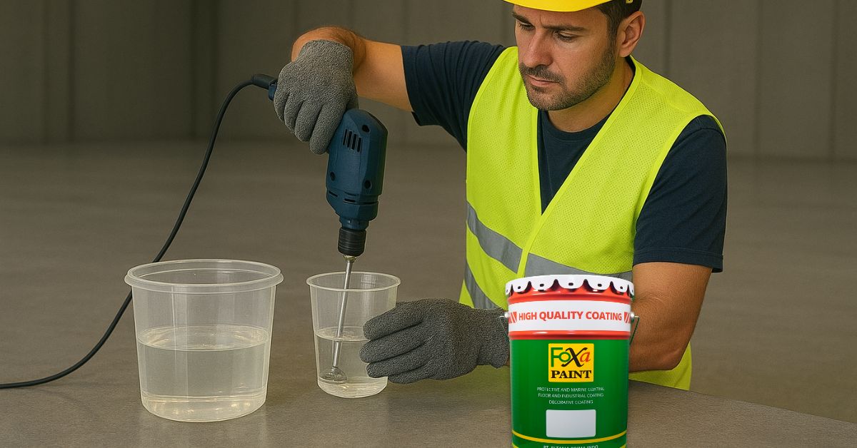 Aplikator mencampur resin dan hardener epoxy lantai dengan rasio tepat menggunakan alat mixer listrik.