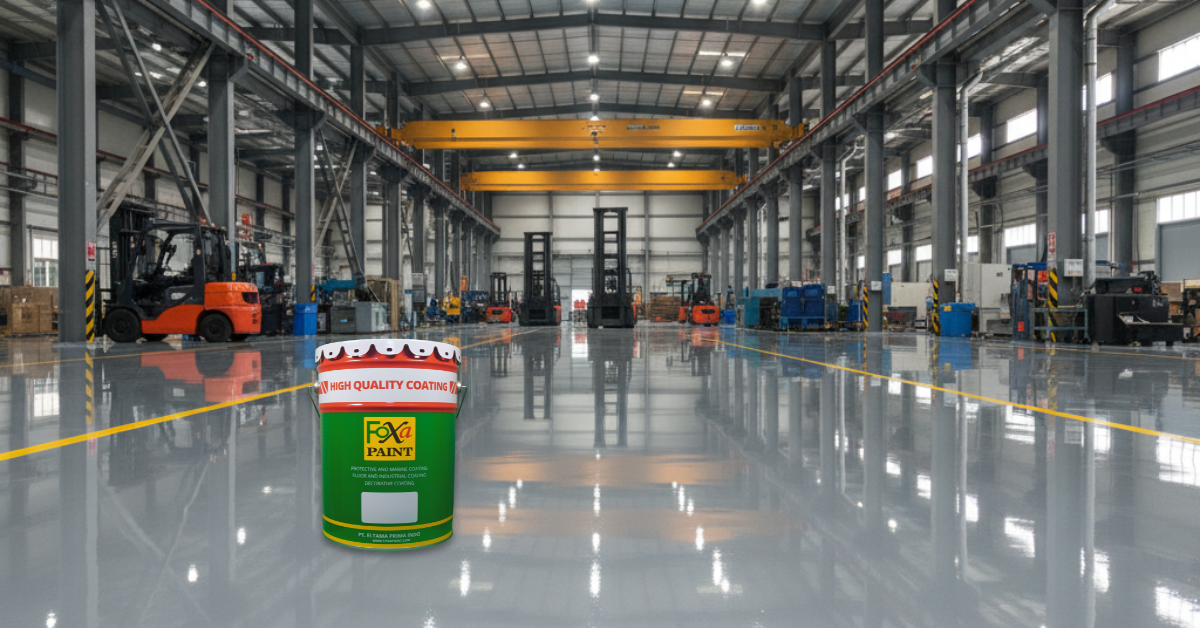 Permukaan lantai pabrik industri terlihat mengkilap dan rapi setelah diaplikasikan cat epoxy berkualitas tinggi untuk ketahanan beban berat