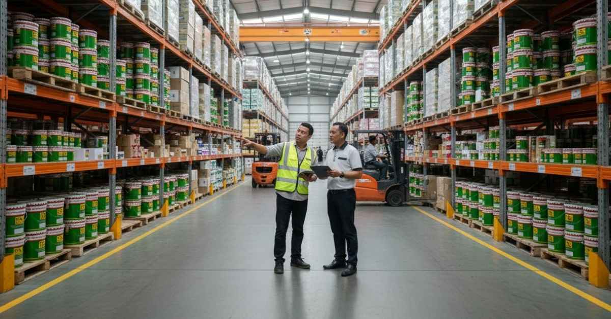 Suasana gudang industrial luas yang dipenuhi ribuan kaleng cat Foxapaint. Dua orang distributor sedang berjalan meninjau stok, didampingi aktivitas forklift dan tumpukan palet cat yang tersusun rapi di rak tinggi