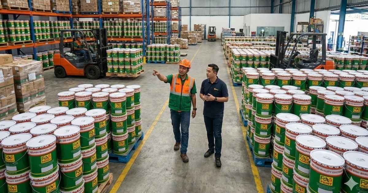 Distributor cat industrial sedang meninjau stok Foxapaint di gudang besar