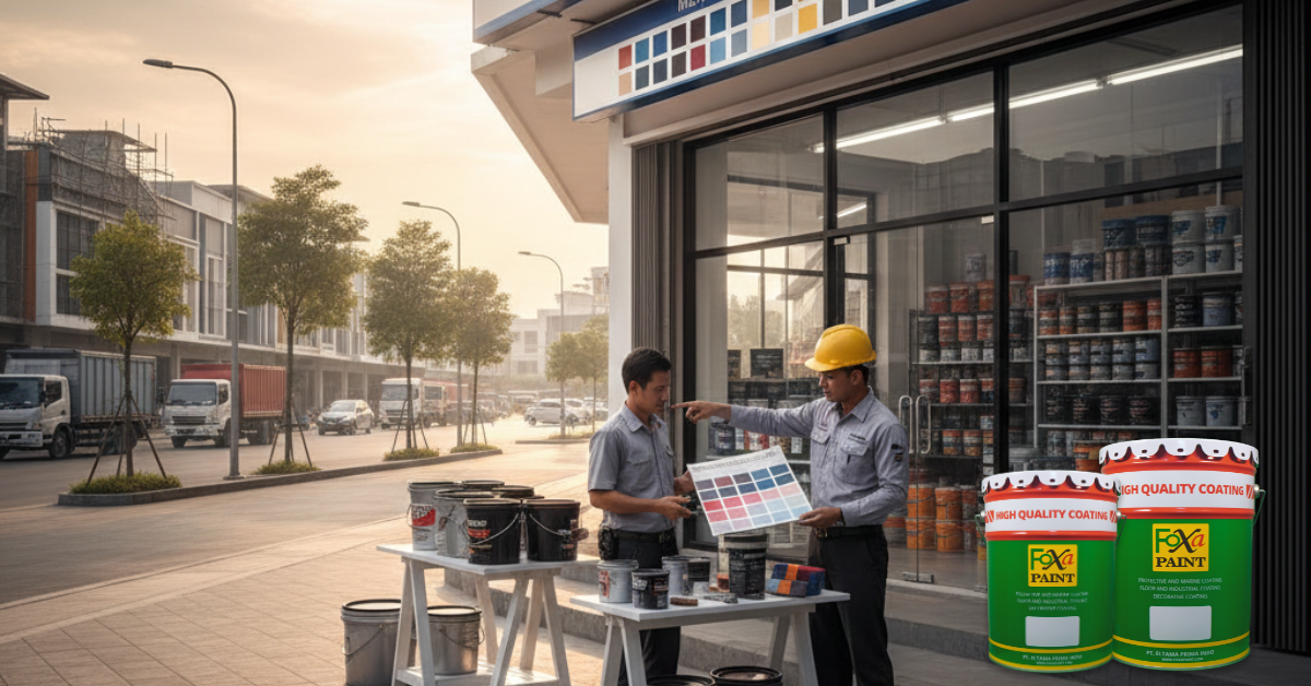 Toko cat di kawasan BSD, menampilkan berbagai kaleng cat, pilihan warna, serta produk Foxa Paint sebagai cat coating berkualitas.