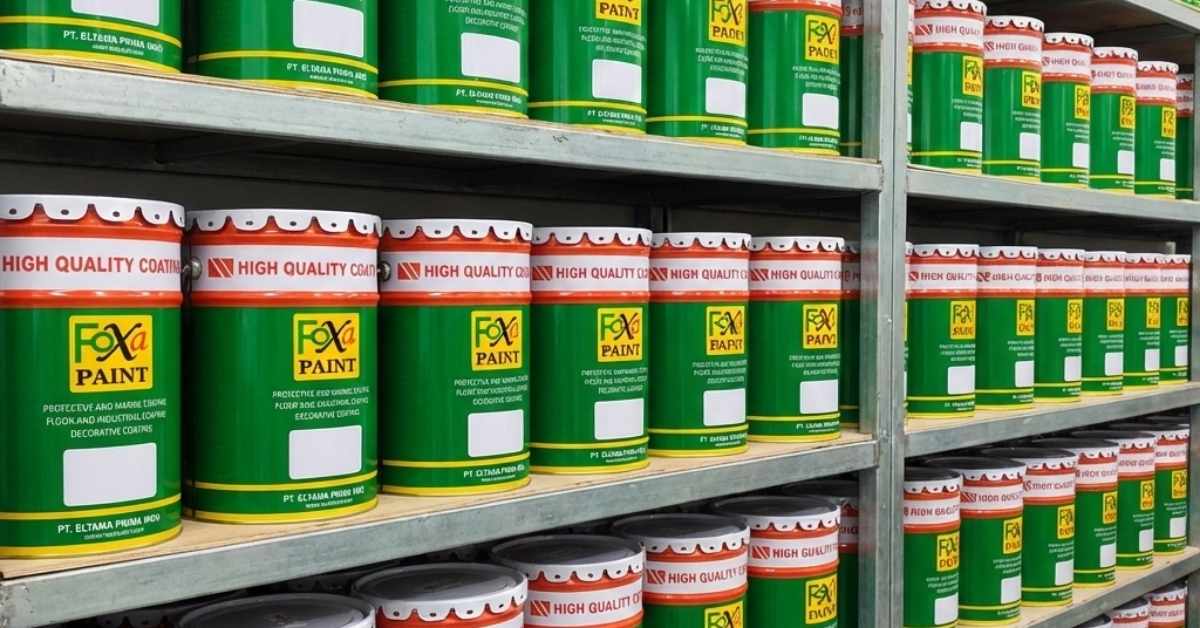 Rak gudang berisi produk cat Foxapaint tersusun rapi sebagai bagian dari kesiapan stok agen resmi cat di Bekasi untuk memenuhi kebutuhan proyek industri dan bangunan.