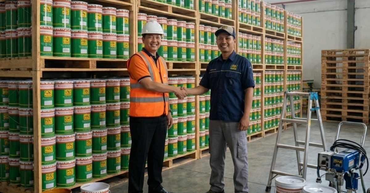 Proses kerja sama buka agen resmi cat Foxapaint di Jakarta Barat, ditandai dengan perwakilan distributor berjabat tangan di gudang dengan stok cat industri Foxapaint siap dipasarkan.