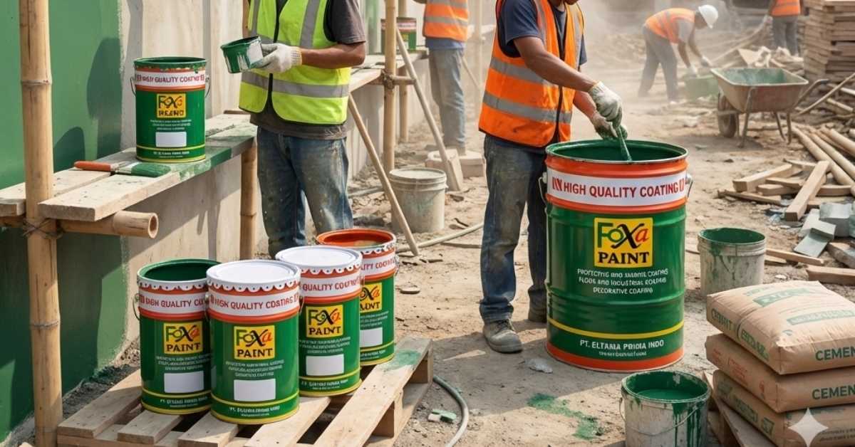 Aktivitas aplikasi cat Foxapaint di proyek konstruksi Jakarta Utara, menampilkan pekerja menggunakan cat industri dan coating pelindung Foxapaint sebagai bagian dari dukungan agen resmi cat setempat.