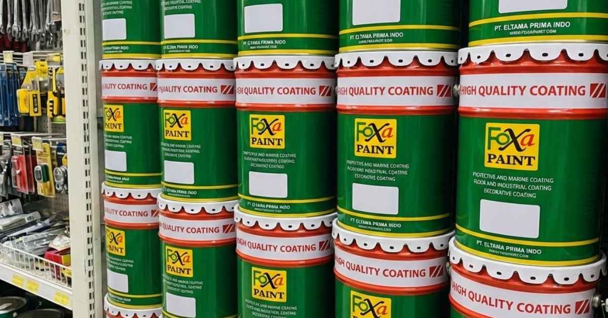 Display produk cat Foxapaint di rak agen resmi Tangerang, menampilkan ketersediaan cat industri dan coating pelindung untuk kebutuhan proyek, kontraktor, dan toko bangunan.