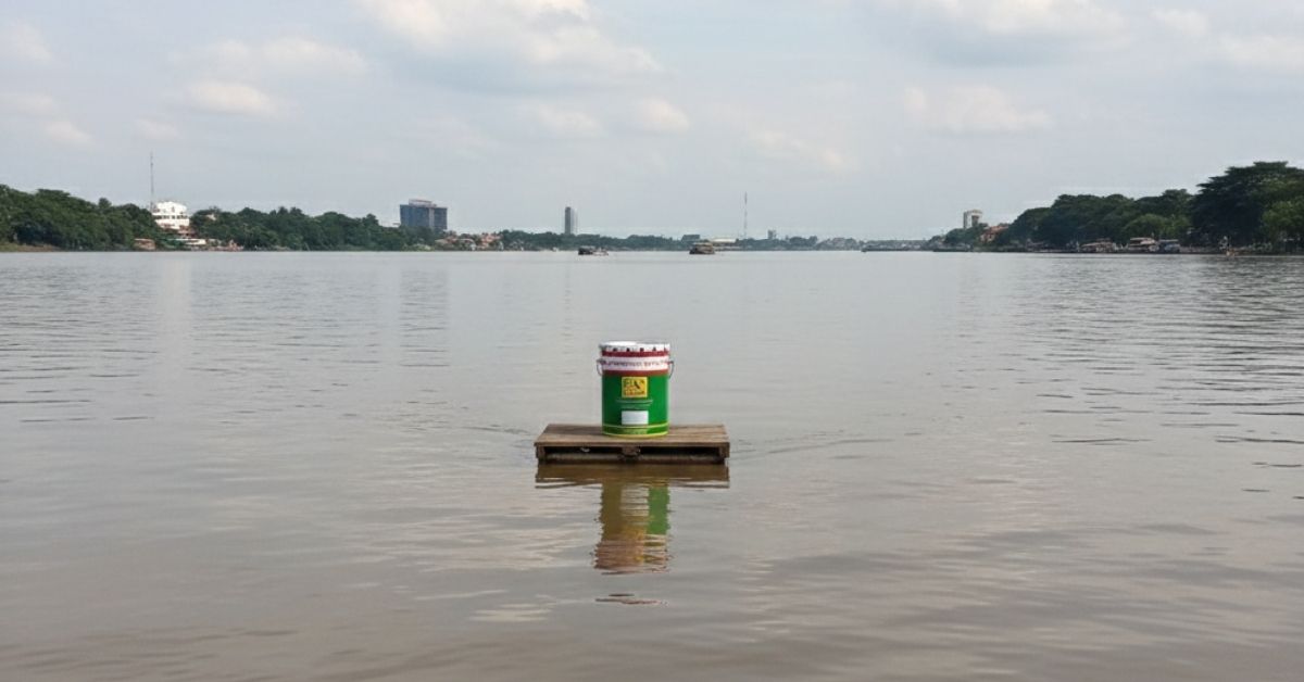 Produk cat waterproofing Foxapaint ditempatkan di area perairan sebagai ilustrasi ketahanan lapisan anti bocor untuk bangunan dan fasilitas di Samarinda.