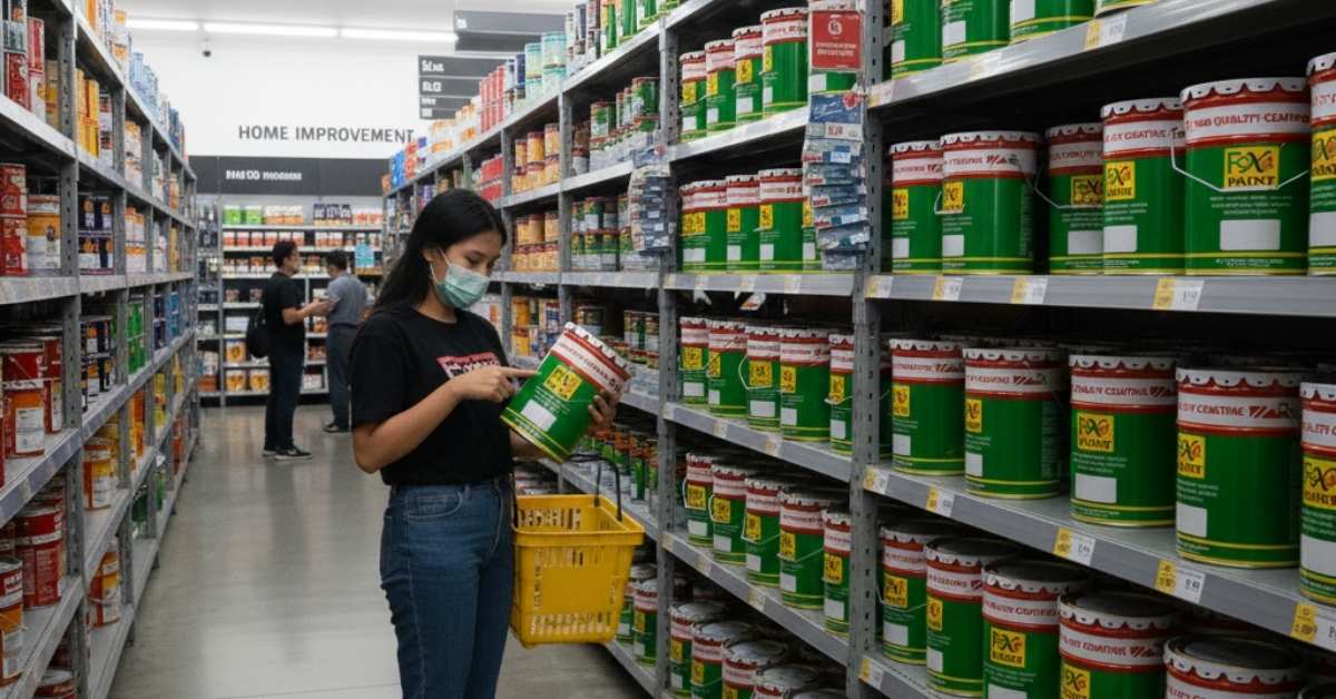 Calon pembeli memilih semen epoxy Foxacem di toko bahan bangunan sebagai solusi perbaikan lantai beton.