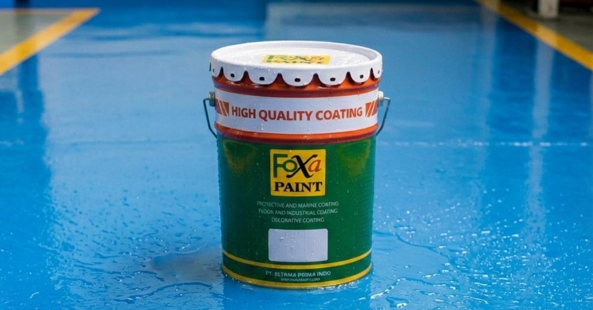 Produk cat polyurea Foxapaint diaplikasikan pada lantai industri berlapis epoxy sebagai ilustrasi ketahanan cat anti bocor dan pelapis permukaan berkualitas tinggi.