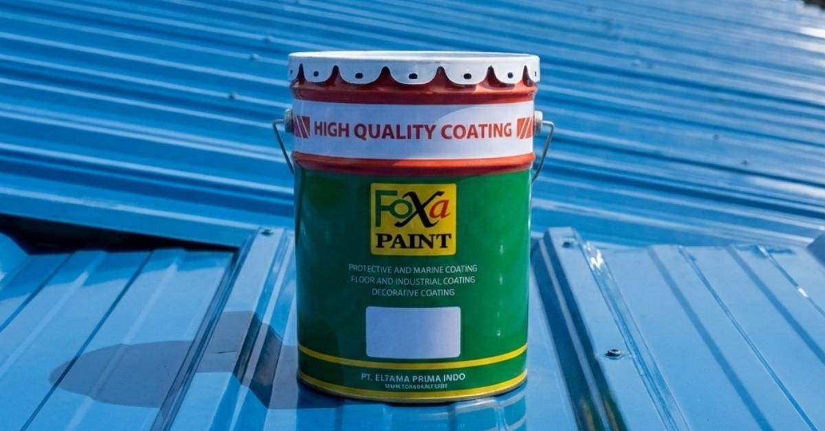 Produk cat polyurea Foxapaint ditempatkan di atas atap metal untuk menunjukkan perlindungan lapisan anti air dan ketahanan pelapis pada bangunan industri di Medan.