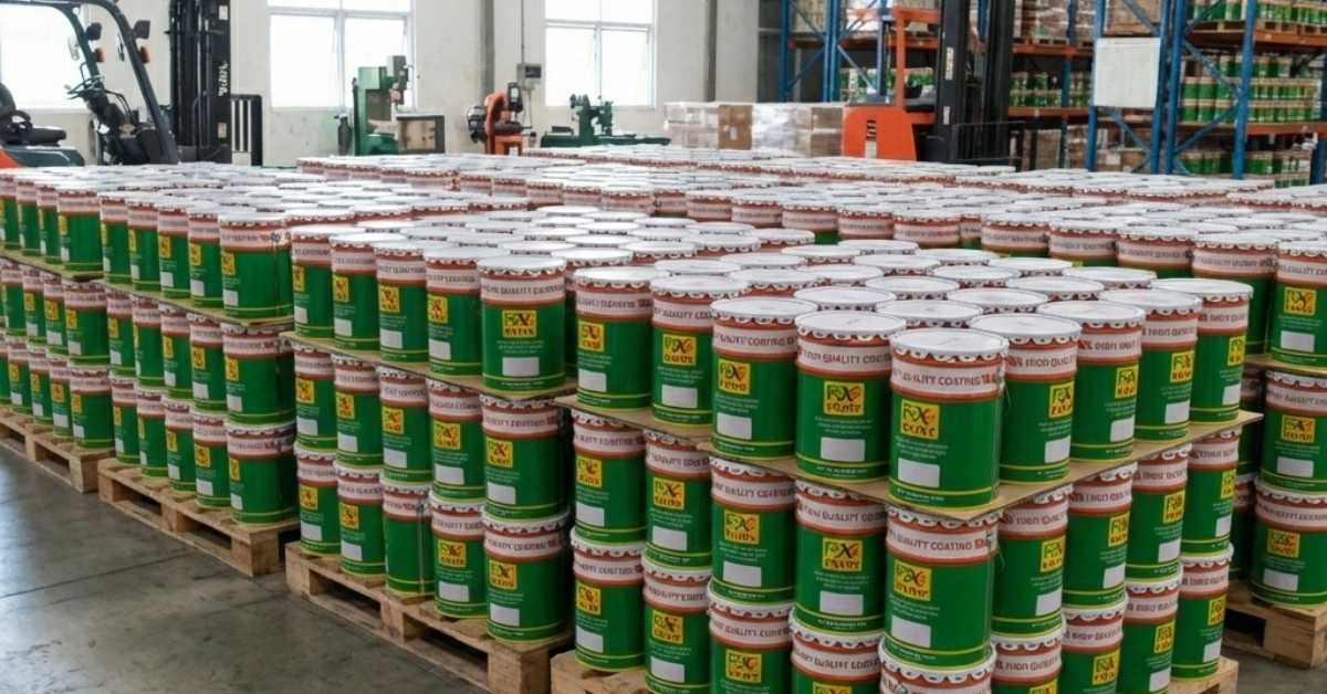 Stok kaleng cat Foxapaint tersusun rapi di atas pallet di gudang distributor Bekasi, menunjukkan kesiapan pasokan cat industri dan coating pelindung untuk kebutuhan proyek skala besar.