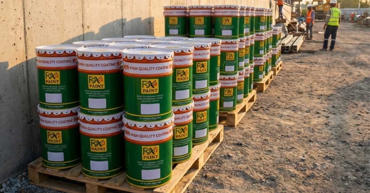 Pallet berisi kaleng cat Foxapaint tersusun rapi di area proyek Bogor, menunjukkan pasokan cat industri dan protective coating yang siap digunakan untuk pekerjaan konstruksi dan infrastruktur.