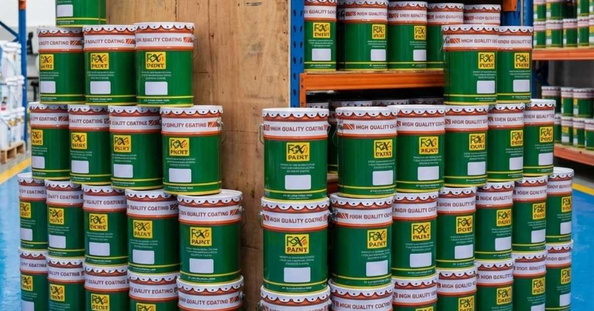 Susunan kaleng cat Foxapaint di rak gudang distributor Cikarang, menampilkan stok cat industri dan protective coating berkualitas tinggi untuk mendukung kebutuhan pabrik dan kawasan industri.