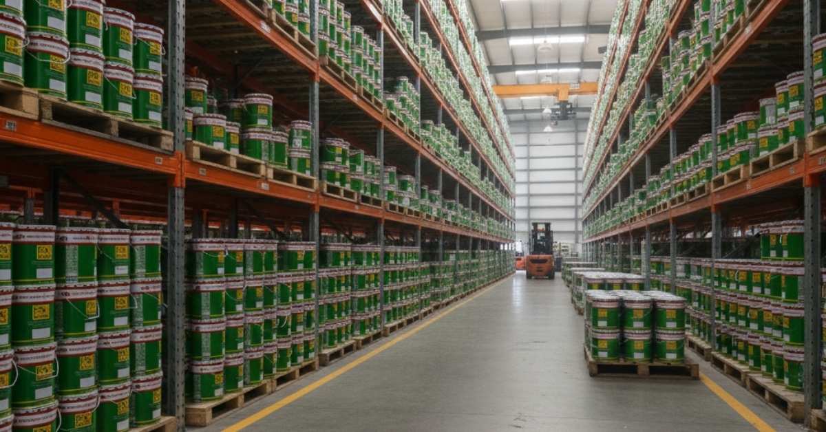 Gudang distributor cat Foxapaint dengan rak penyimpanan tinggi berisi stok cat industri dan coating pelindung dalam jumlah besar, siap mendukung kebutuhan proyek skala nasional.