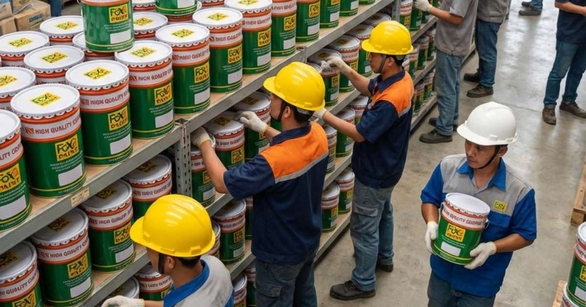 Pekerja gudang menyusun dan memeriksa stok kaleng cat Foxapaint di rak distributor, menggunakan alat pelindung diri lengkap sebagai bagian dari proses distribusi cat industri berkualitas tinggi.