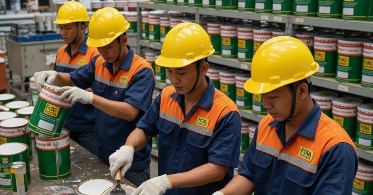 Tim pekerja gudang melakukan proses pengecekan dan penanganan kaleng cat Foxapaint di area distributor, menggunakan APD lengkap untuk memastikan kualitas dan keamanan produk cat industri.