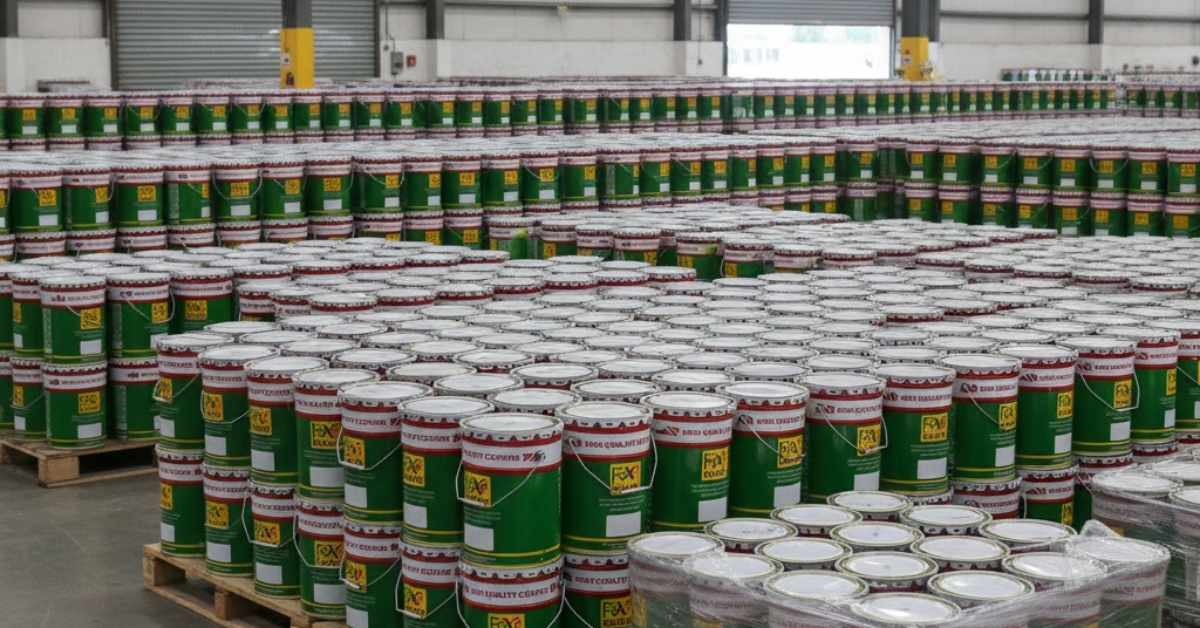 Ribuan kaleng cat Foxapaint tersusun rapi di gudang distributor, siap didistribusikan sebagai cat industri dan pelapis pelindung berkualitas tinggi untuk berbagai kebutuhan proyek.