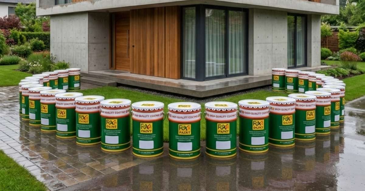 Deretan kaleng cat Foxapaint ditata di area rumah modern di Jogja, menampilkan aplikasi cat dekoratif dan coating pelindung untuk kebutuhan bangunan residensial dan arsitektur.