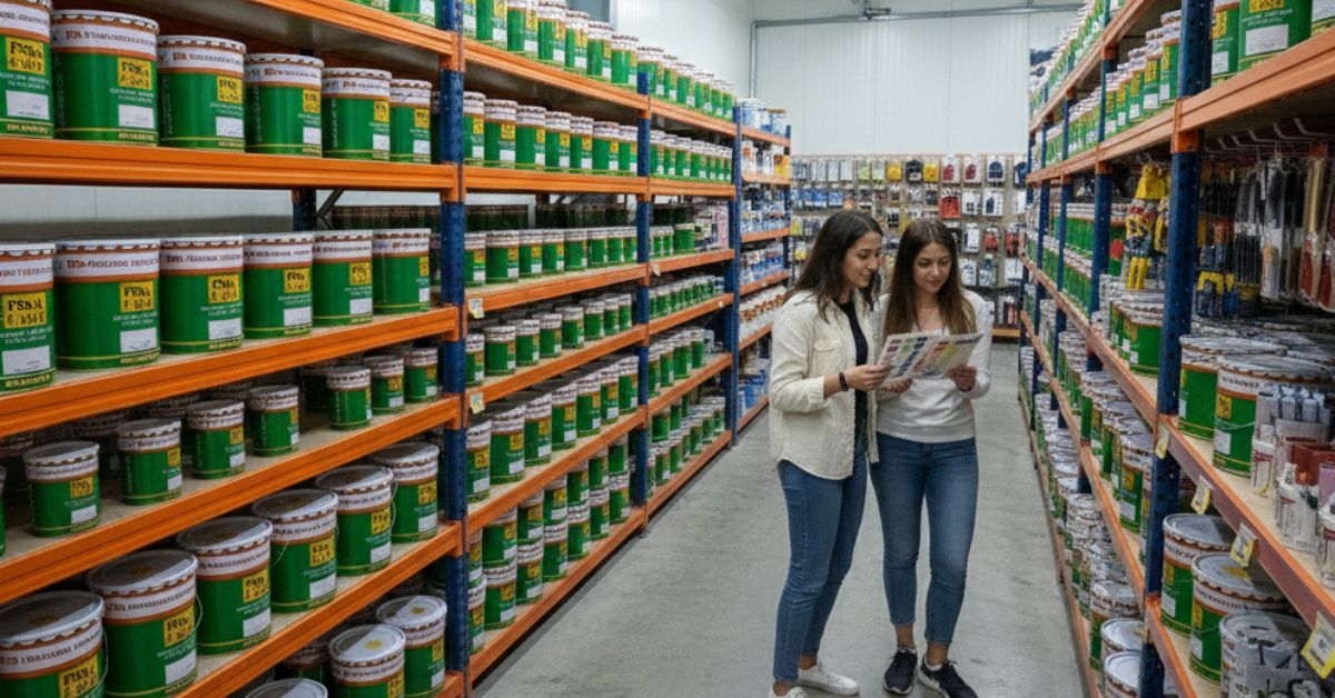 Area distributor cat Foxapaint di Karawang dengan rak berisi stok cat industri dan coating pelindung, menampilkan aktivitas pemilihan produk oleh pelanggan untuk kebutuhan proyek dan manufaktur.