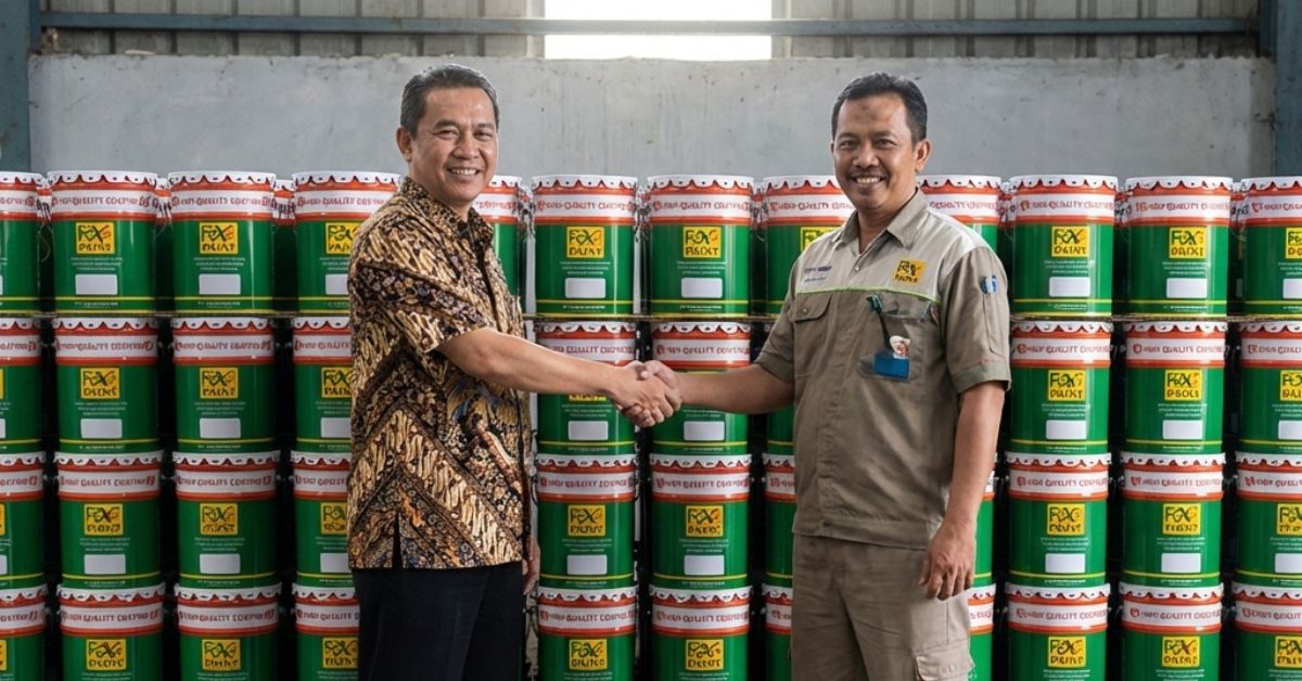 Perwakilan Foxapaint dan Eltama Coating berjabat tangan di depan stok kaleng cat industri, menandai kerja sama dan komitmen penyediaan solusi coating berkualitas untuk kebutuhan proyek dan distribusi.