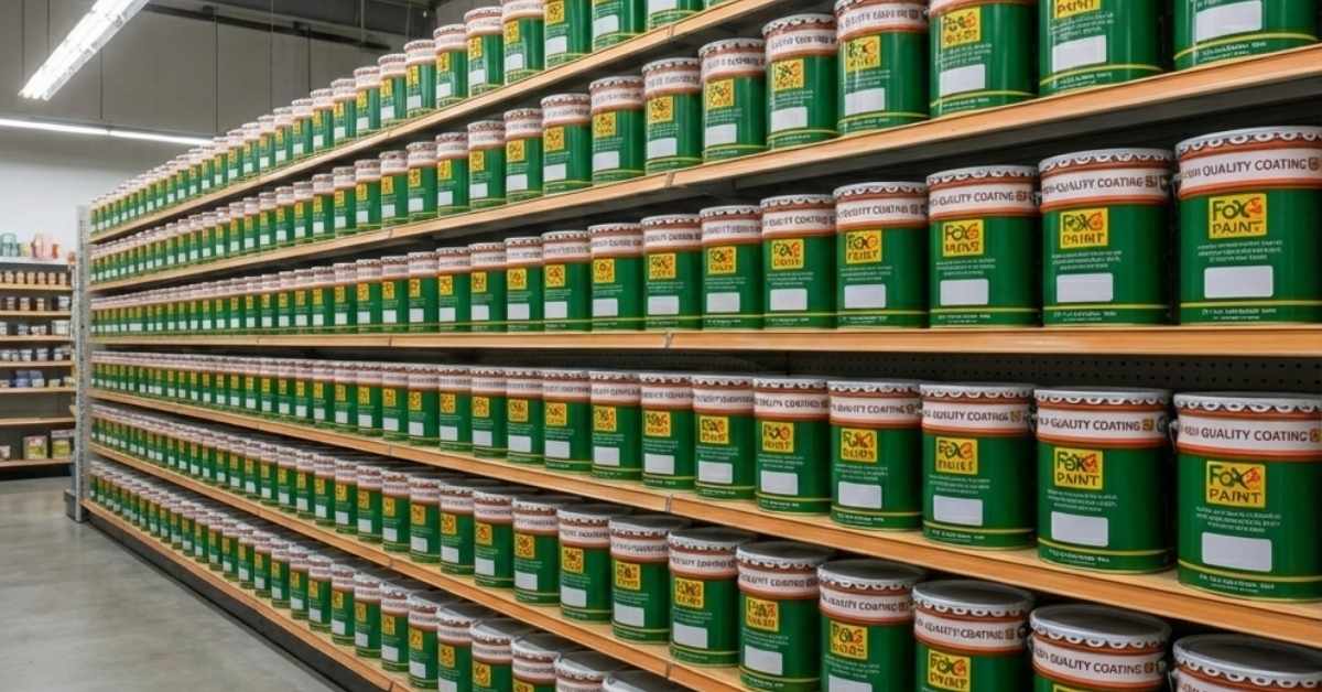 Rak penyimpanan distributor cat Foxapaint di Semarang dipenuhi stok cat industri dan coating pelindung, menunjukkan ketersediaan produk lengkap untuk kebutuhan proyek dan manufaktur.