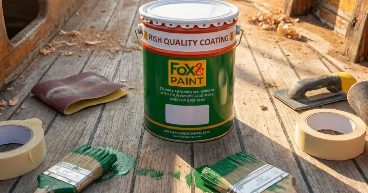 Kaleng cat Foxapaint berada di area kerja proyek di Solo, dilengkapi alat pengecatan seperti kuas dan amplas, menunjukkan penggunaan cat pelindung berkualitas untuk pekerjaan finishing bangunan.
