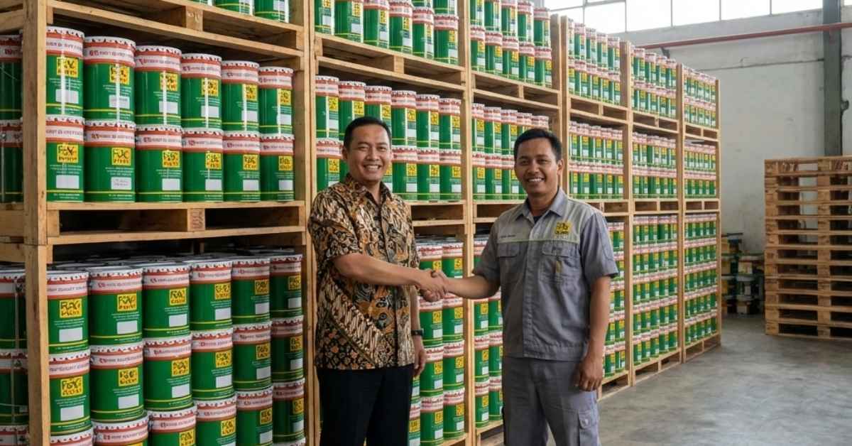Perwakilan Foxapaint dan Eltama Coating berjabat tangan di gudang distributor Surabaya, dengan latar belakang stok cat industri Foxapaint sebagai simbol kerja sama distribusi dan komitmen kualitas coating.