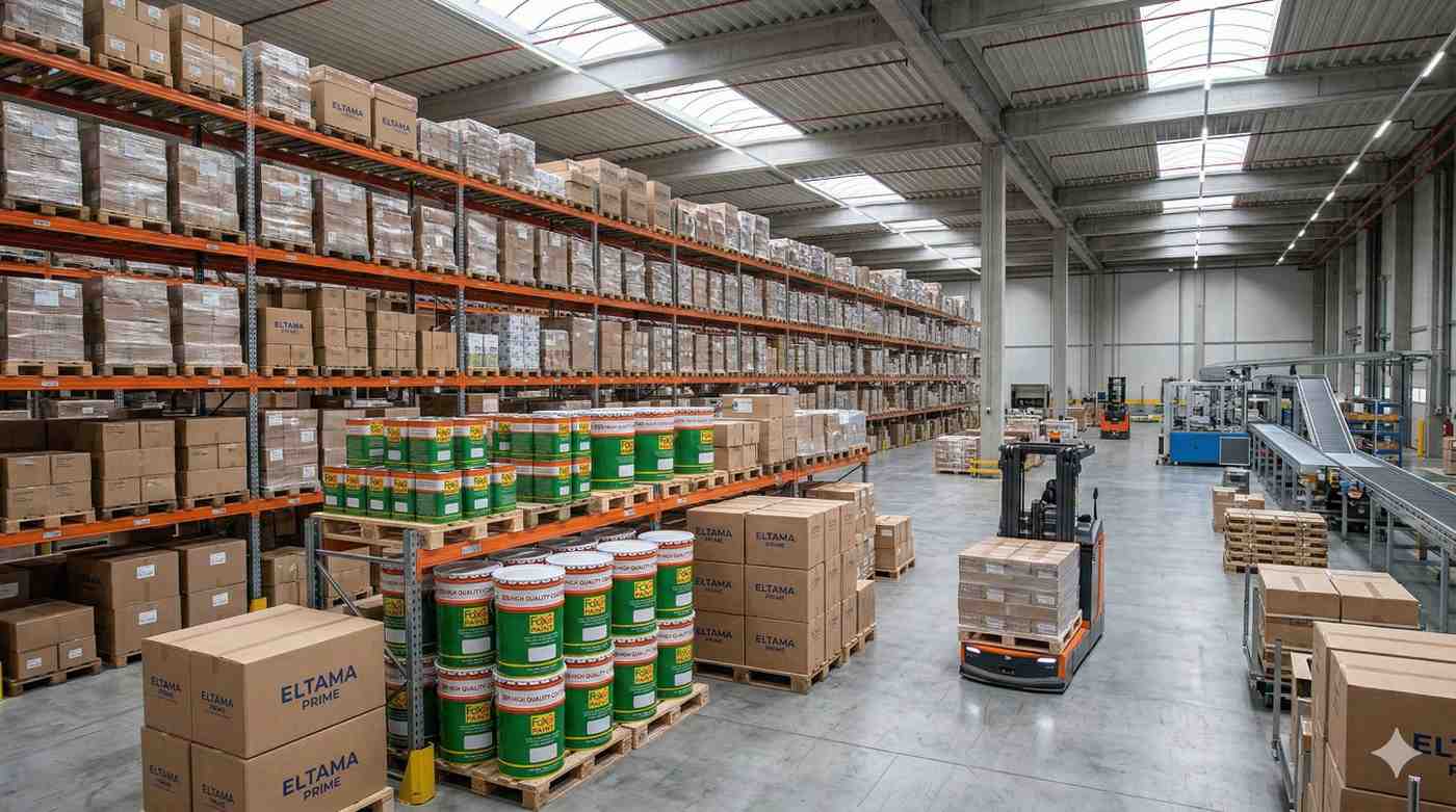 Gudang logistik brand Foxapaint dengan rak pallet tinggi berisi drum dan kardus cat dalam jumlah besar serta forklift operasional di warehouse.