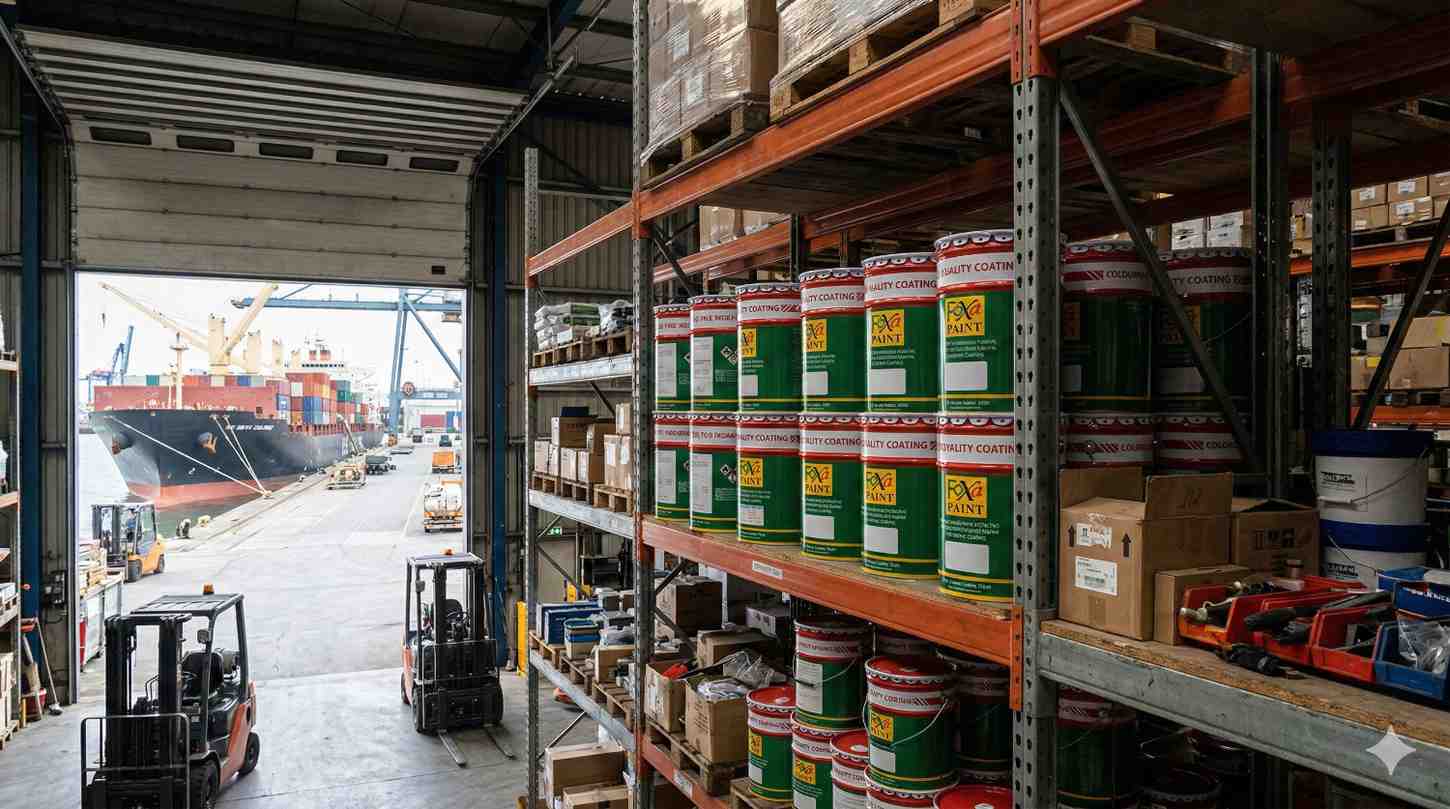 Gudang distribusi Foxapaint dengan stok cat anti fouling dalam drum tersusun di rak pallet dekat area pelabuhan dan kapal kargo siap pengiriman