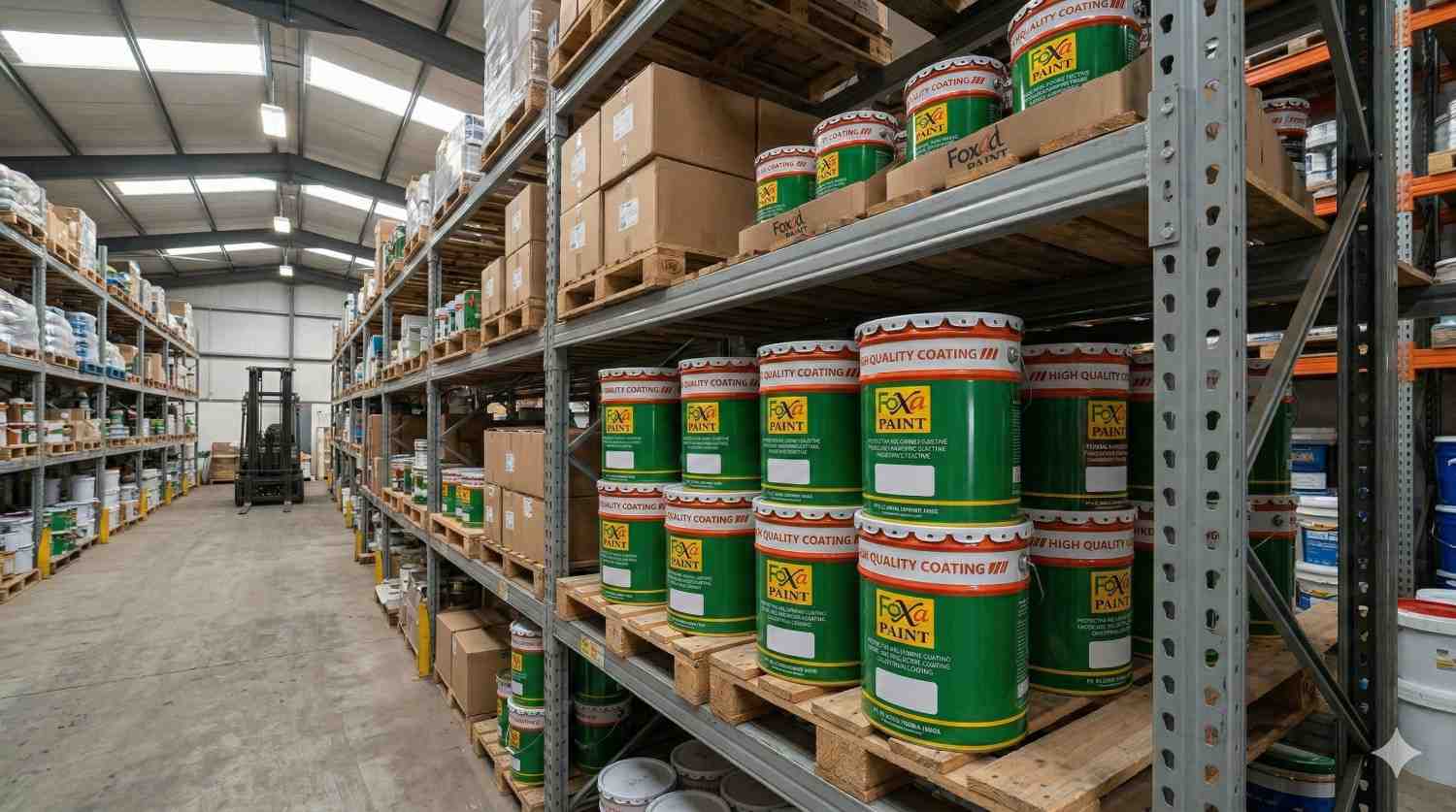 Gudang distribusi menampilkan stok kaleng cat industri Foxa Paint tersusun di atas pallet dan rak besi, siap kirim untuk kebutuhan proyek konstruksi dan marine coating.
