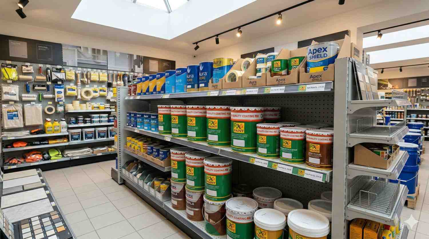 Rak toko bangunan menampilkan berbagai produk coating dan kaleng cat **Foxa Paint** tersusun rapi bersama perlengkapan pengecatan untuk kebutuhan konstruksi dan industri.