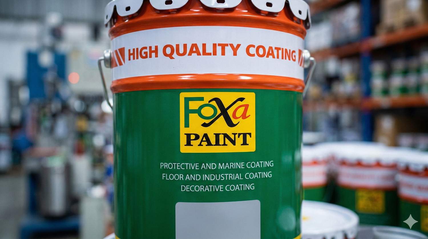 Close-up kaleng cat Foxa Paint High Quality Coating di dalam gudang industri, menampilkan produk protective, marine, floor, dan industrial coating siap distribusi untuk kebutuhan proyek.