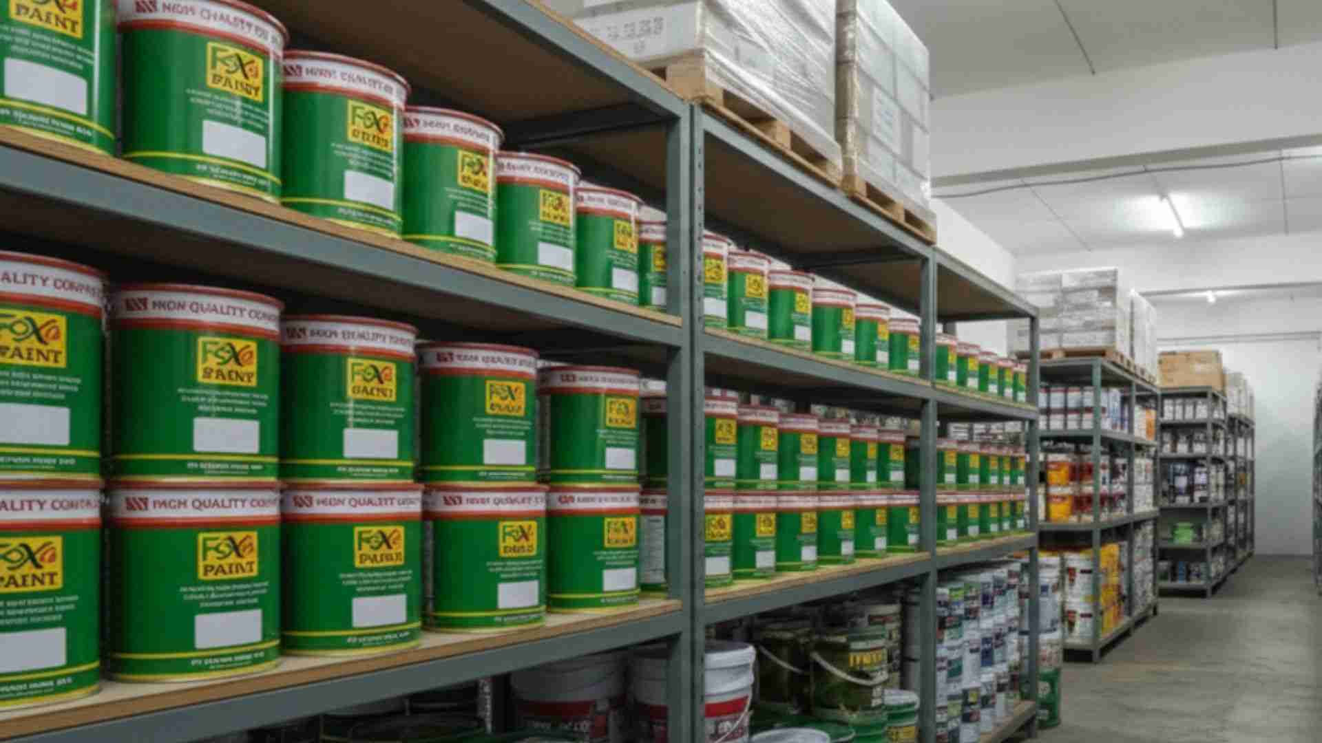 Deretan kaleng cat Foxa Paint berkualitas tinggi di gudang penyimpanan resmi untuk kebutuhan coating dan perlindungan permukaan.